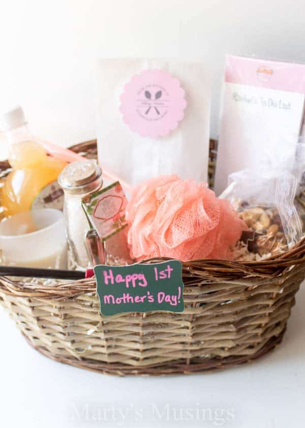 Celebrate a new mom on her special first mothers day with an easy, inexpensive basket filled with gifts to help her relax and enjoy those early, busy days!