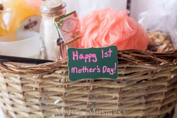 Celebrate a new mom on her special first mothers day with an easy, inexpensive basket filled with gifts to help her relax and enjoy those early, busy days!