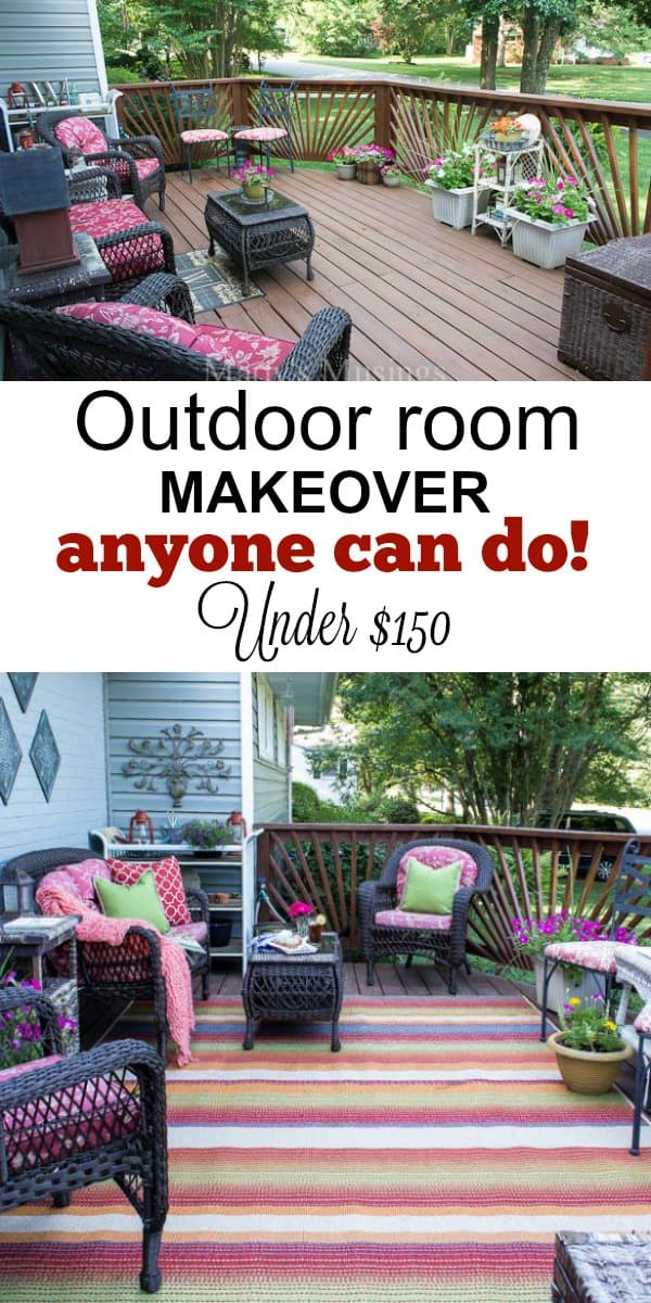 Try these 5 deck decorating ideas on a budget to create a gorgeous outdoor room with an area rug, throw pillows, flowers and inexpensive accessories.