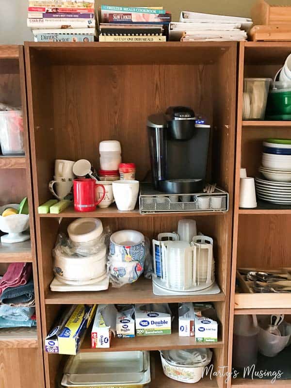 Kitchen supplies on shelves for kitchen remodel