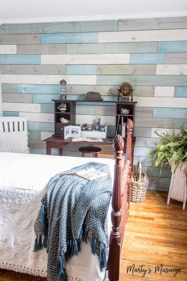 chalk painted DIY plank wall in beach colors