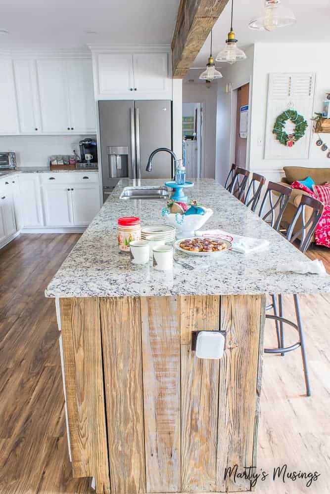 A kitchen with a wooden counter