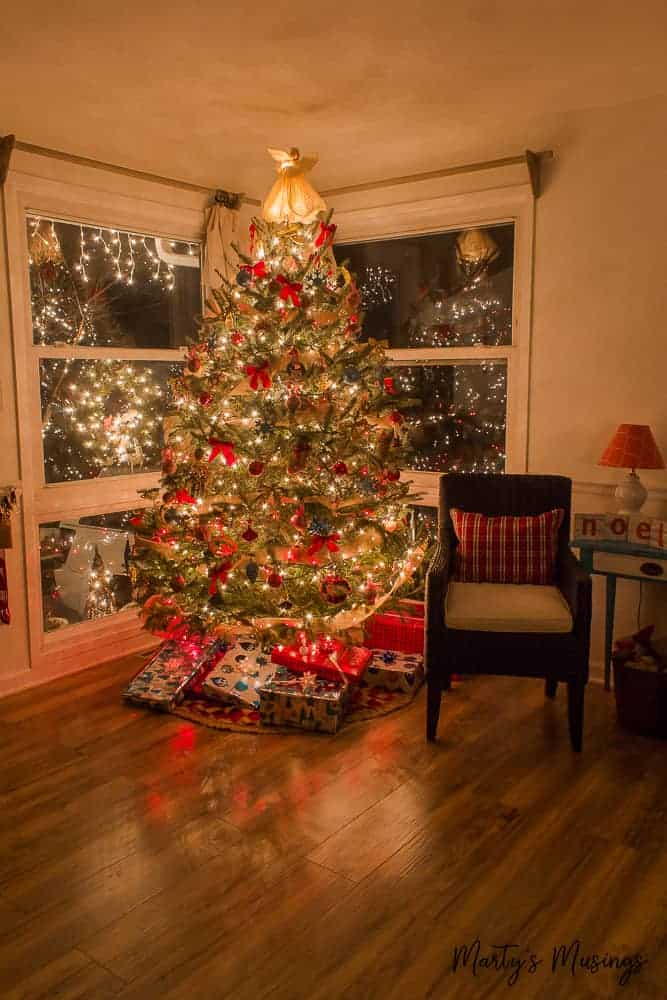 A living room with a christmas tree