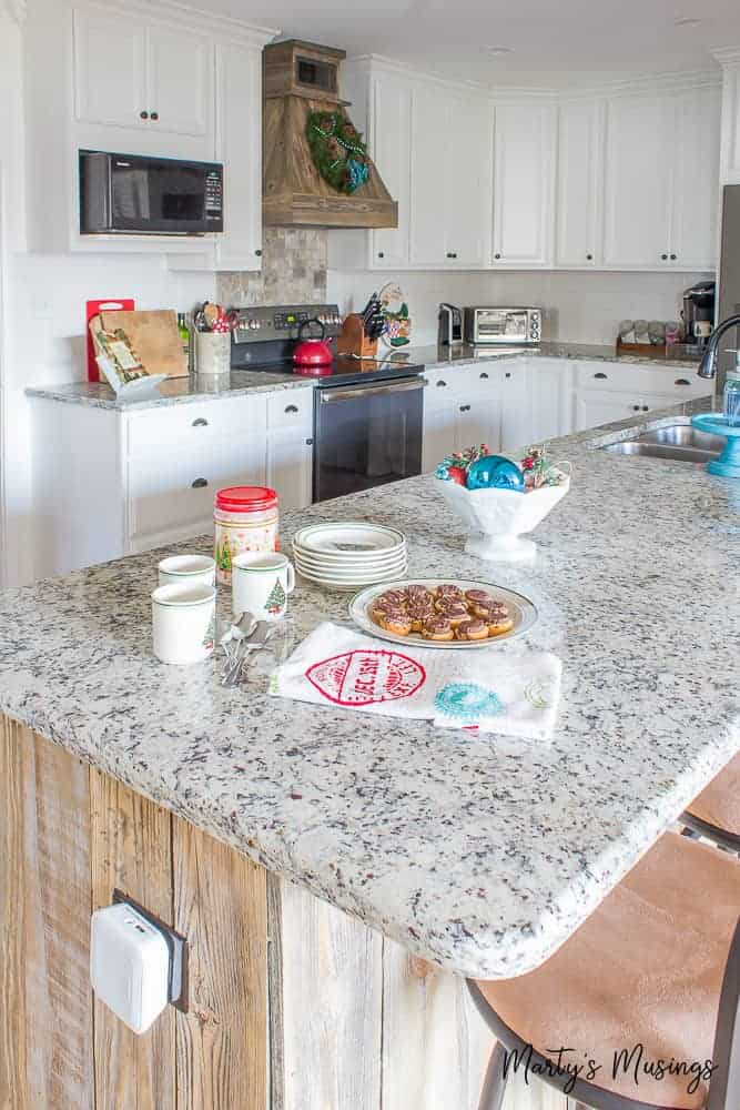 Food on a kitchen counter, with Aqua and Red