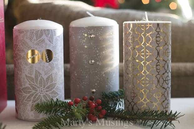 Tall candles wrapped in gold scrapbook paper