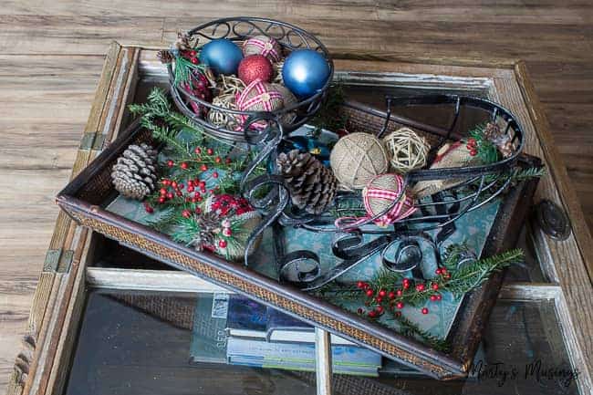 rustic ornaments on wooden tray with natural elements