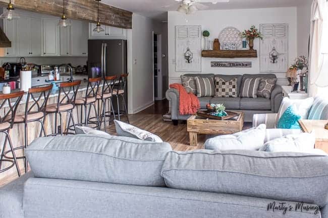 living room and kitchen combo area