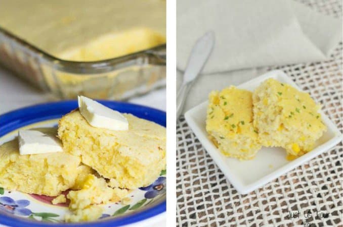 A plate of food on a table, with Cornbread