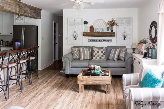 Barn wood mantel and header with laminate wood flooring