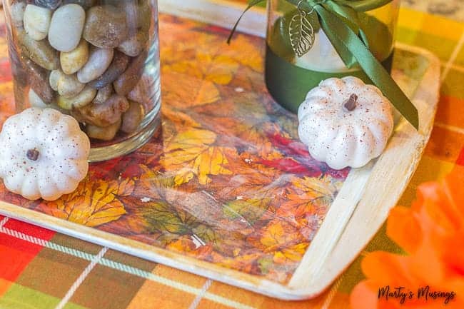 decoupaged cookie sheet for fall table