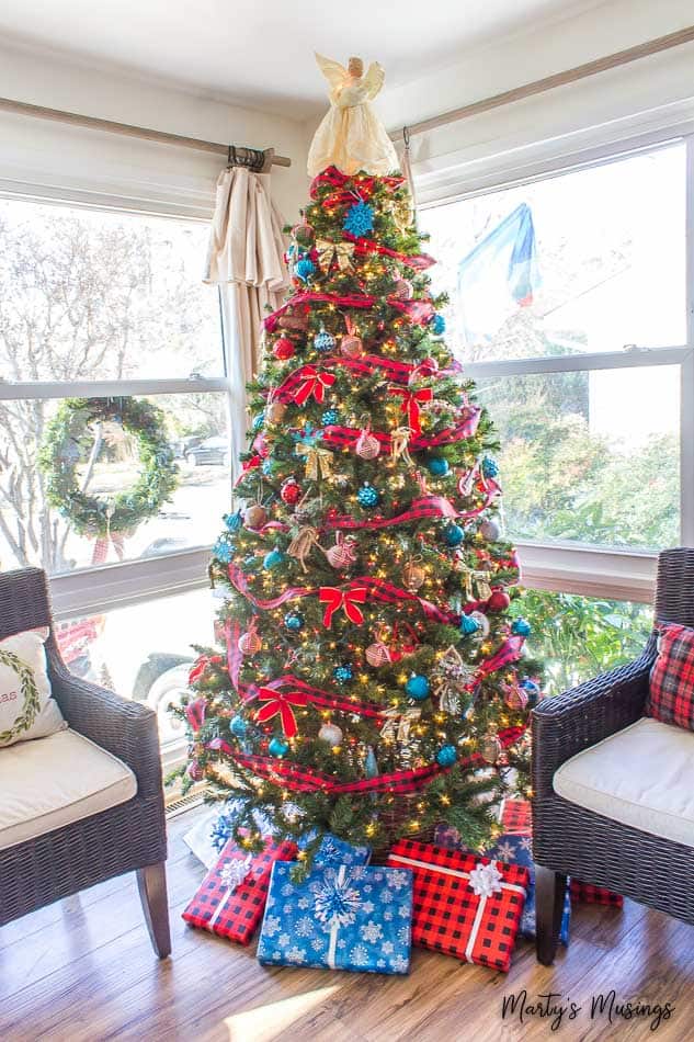 Red and blue Christmas tree with buffalo check accents