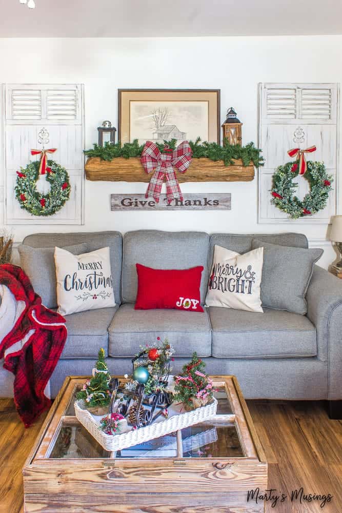 rustic mantel with inexpensive Christmas wreaths