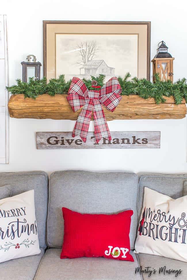 Rustic farmhouse Christmas decorations and mantel 