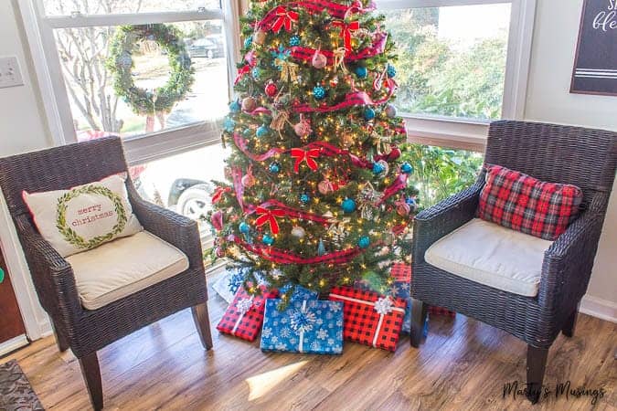 Red and blue Christmas tree decorations with presents