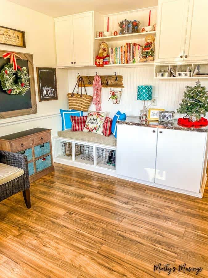 A view of a living room with a wood floor