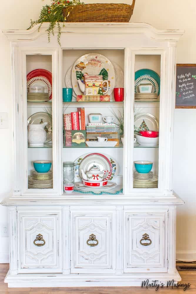 red and blue chalk painted hutch at Christmas