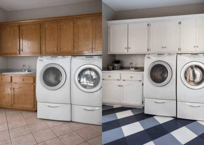 A kitchen with a tile floor