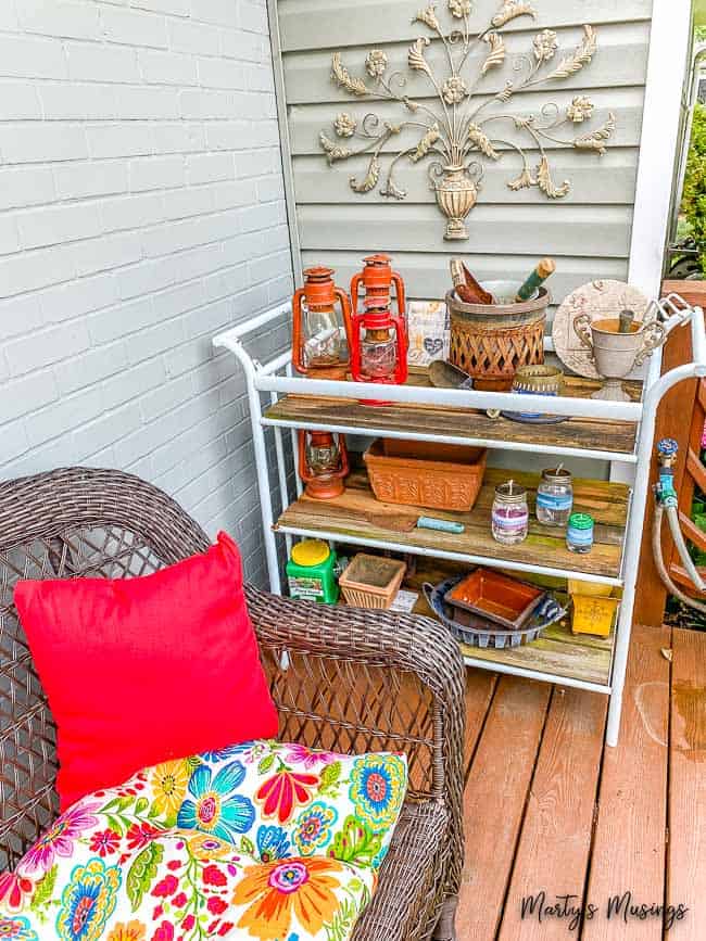 Garden cart on front deck with potting supplies