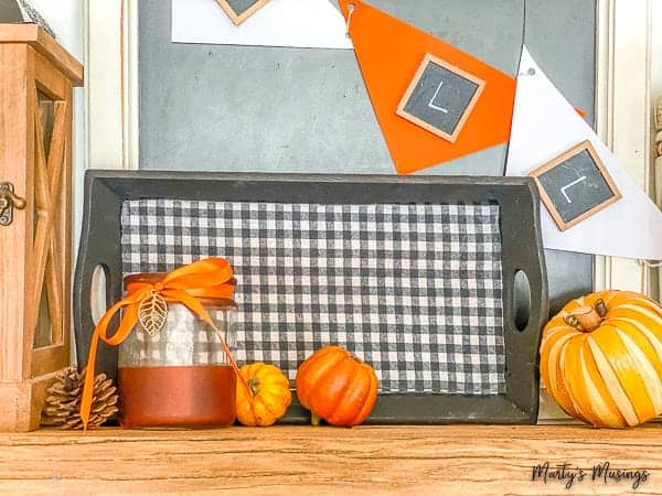 fall mantel with buffalo check tray and dollar store accessories