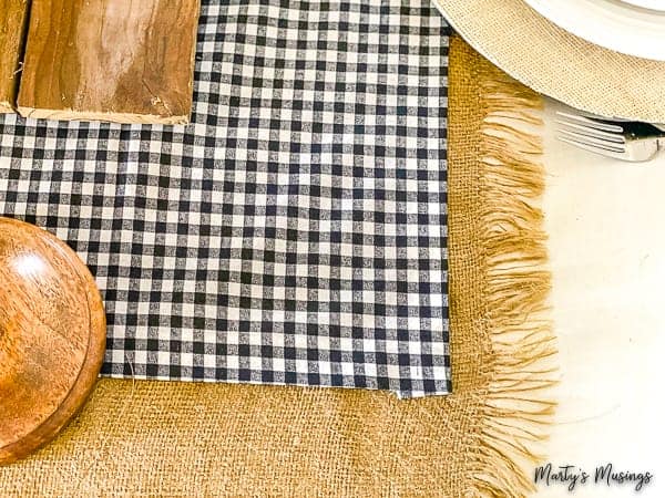 Burlap and buffalo plaid no sew runners in layered tables cape