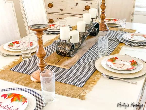 Black and white plaid plus burlap no sew table runner