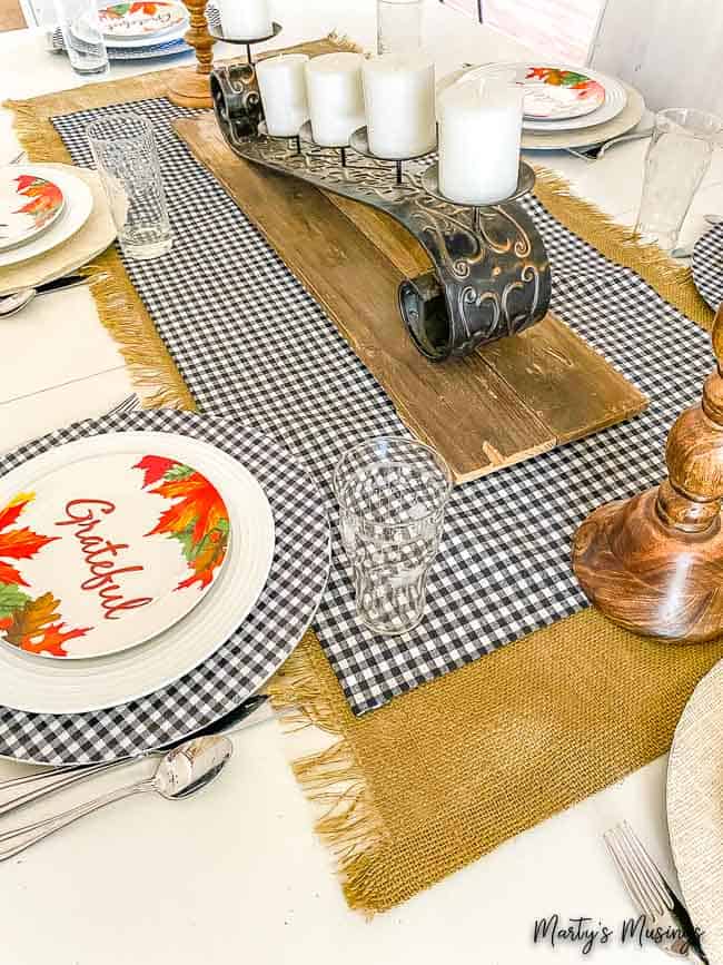 fall table with no sew buffalo plaid and burlap table runners