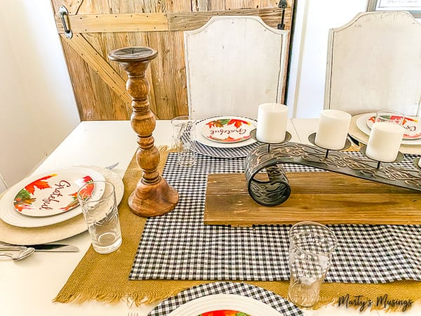 fall table with rustic wood accents and no sew table runners