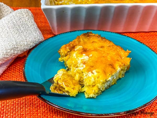 Jiffy corn casserole on blue plate