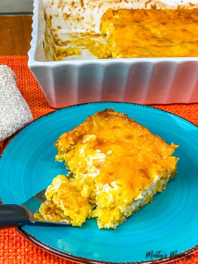 Corn casserole on blue plate 