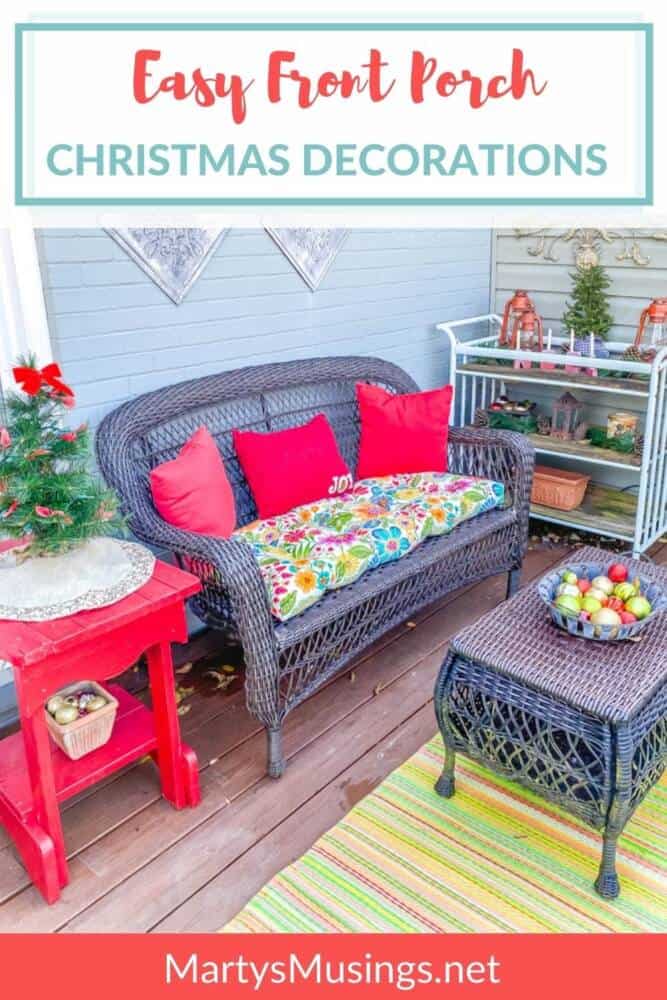 front deck with red pillows and Christmas ornaments