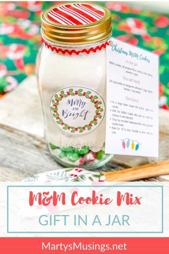 Merry and Bright mason jar with M&M Cookie Mix in side