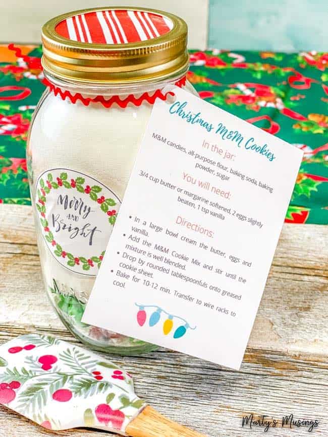 M&M Christmas cookie mix with instructions and merry and bright label