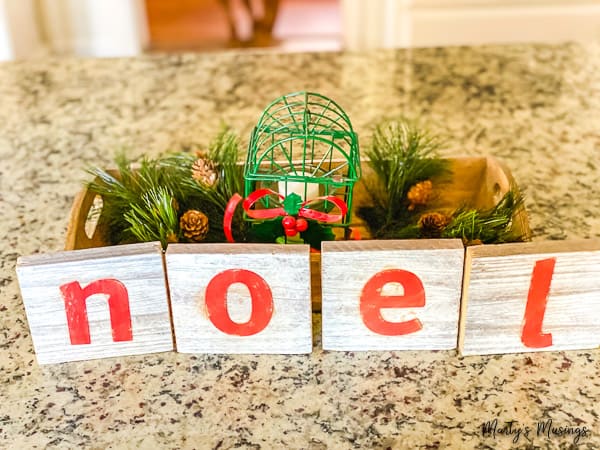 wooden noel blocks on kitchen countertop