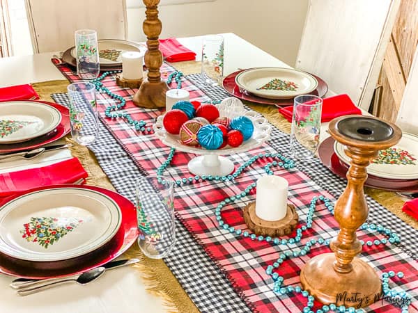 buffalo check decorations on the Christmas table