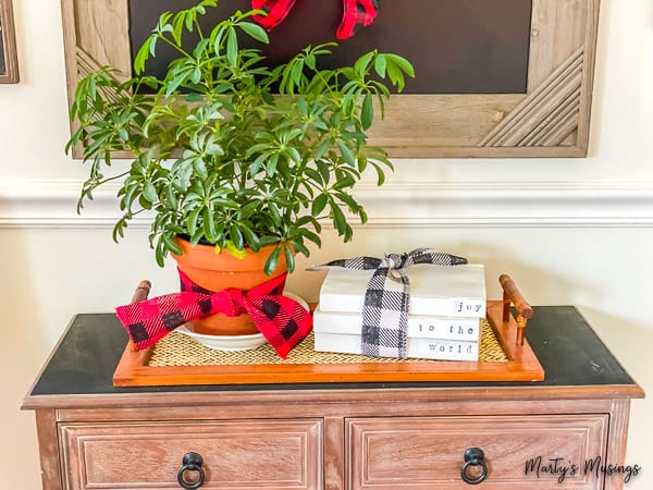 tray with greenery in a pot with buffalo check ribbon and painted books