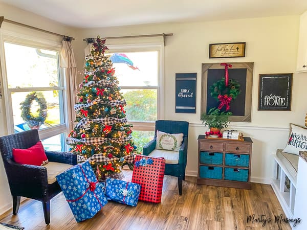 Christmas tree with blue and red decorations