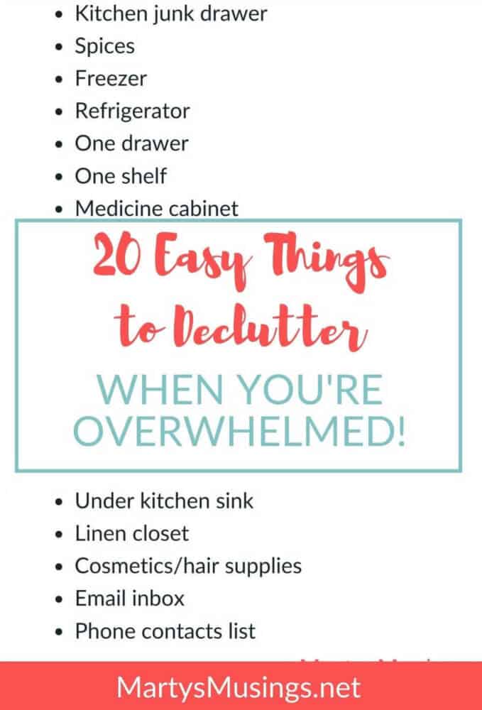 list of 20 easy things to declutter when you're overwhelmed