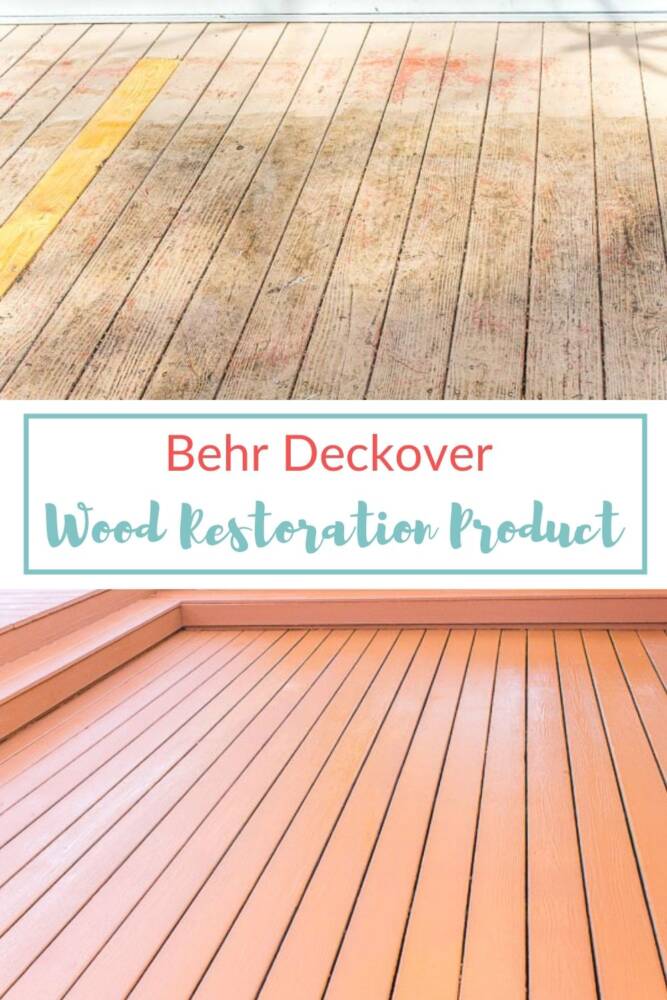 Before and after wood restoration of deck using Behr Deckover