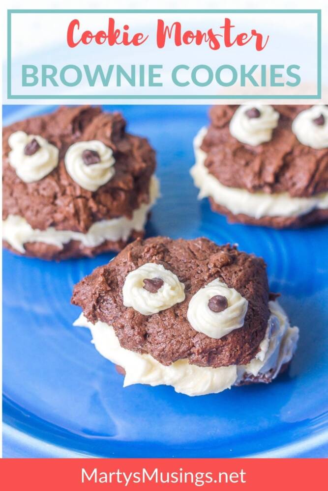 Cookie Monster Brownie Cookies with white icing and chocolate chips