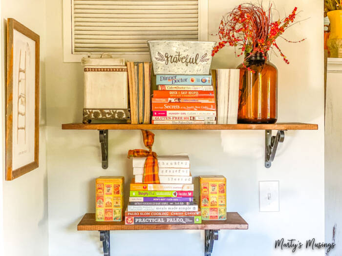rustic shelves with cozy cottage fall decor