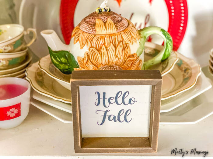 hello fall rustic sign in china hutch