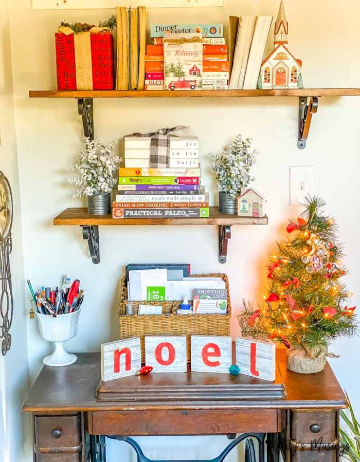 Christmas decorations on wooden shelves