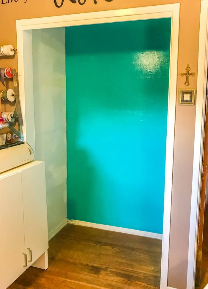 Teal back wall in closet with white trim