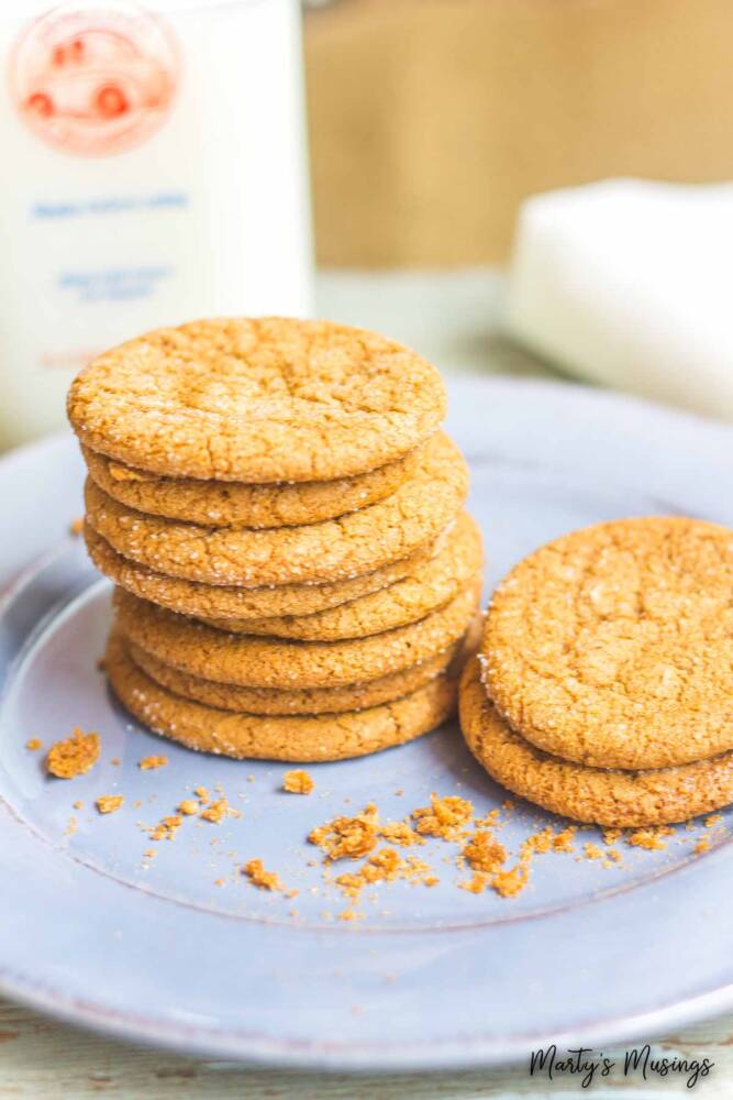 Blue plate with stacked molasses cookies on top