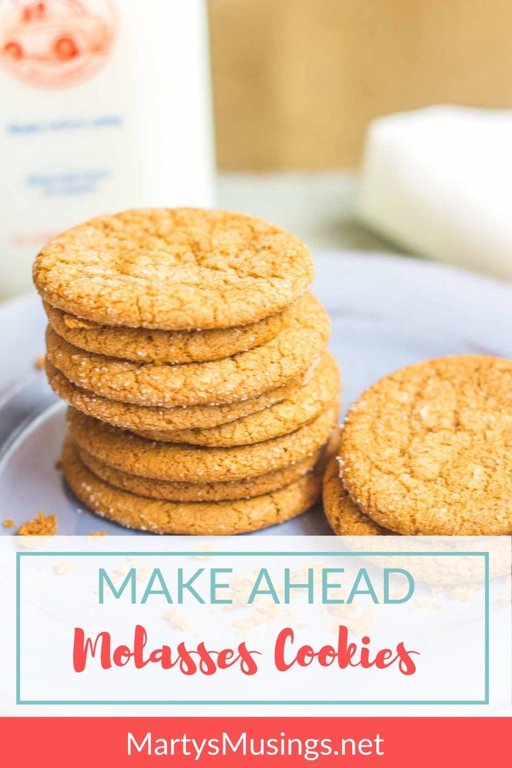 Make ahead Molasses cookies stacked together on blue plate