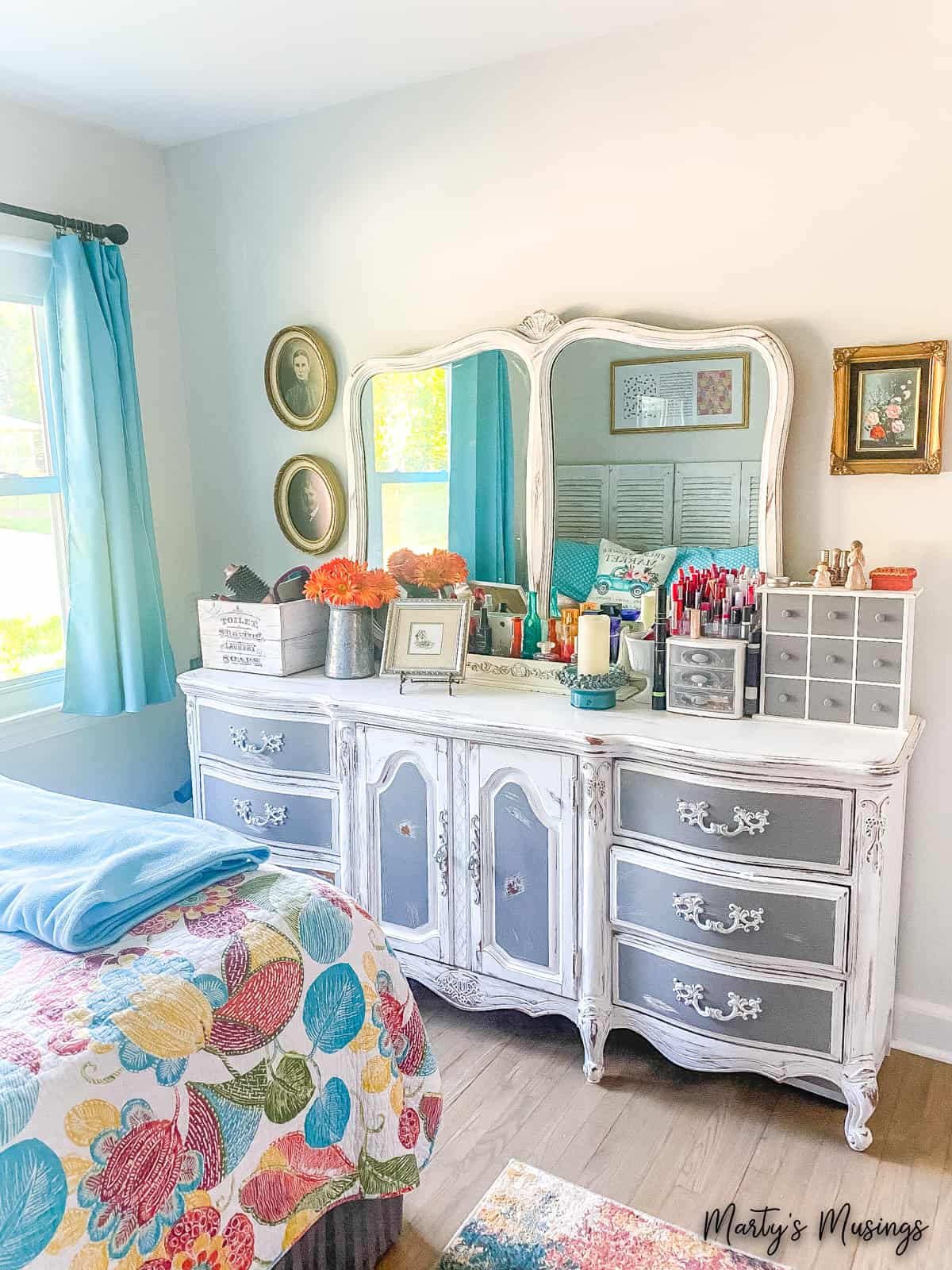 Grey and white chalk painted furniture in bedroom