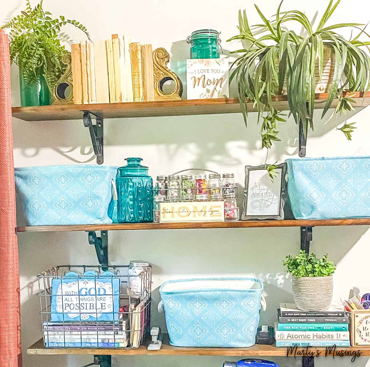 Wooden office shelves with books and baskets