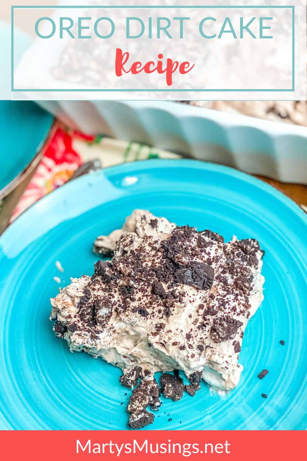 Oreo Dirt Cake on blue plate