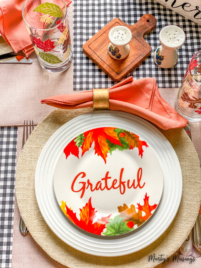 Grateful plates used with black buffalo check on fall table