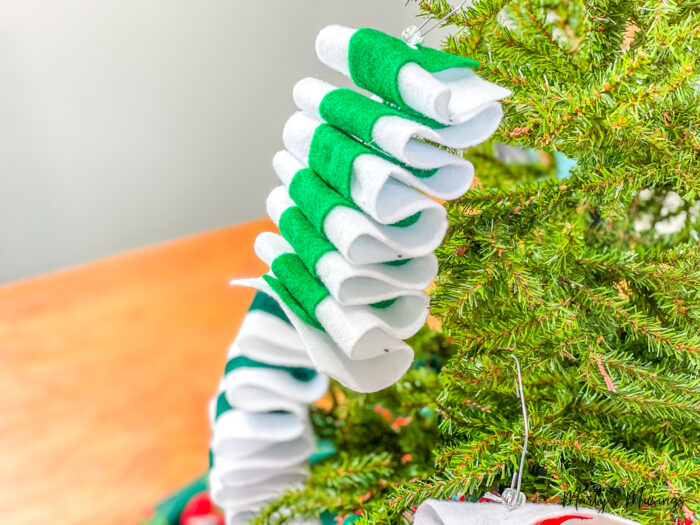 Green and white striped candy ornaments